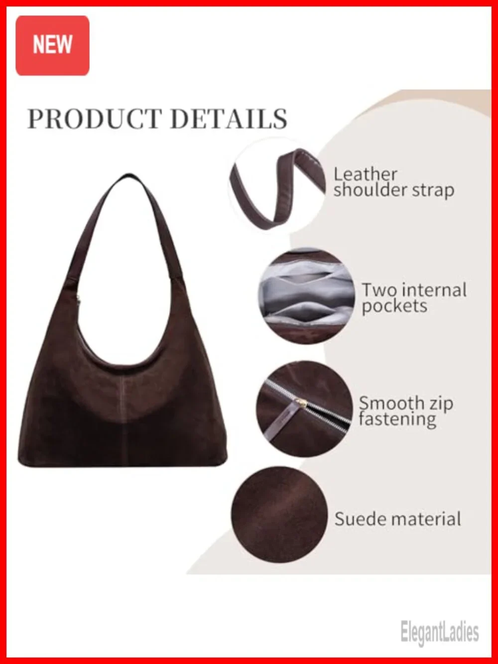 Brown Suede Leather Hobo Shoulder Bag Slouchy Tote Handbag